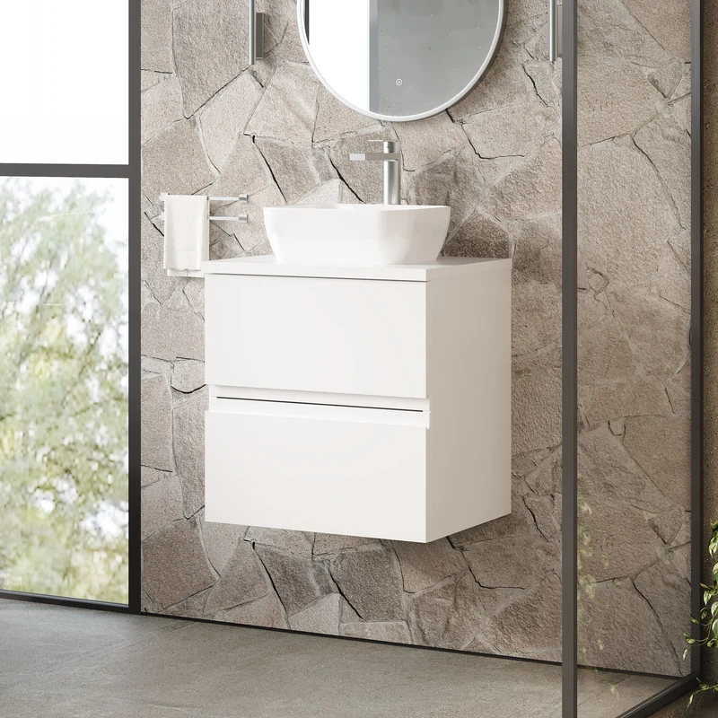 Urban 500mm Wall Hung 2 Drawer Vanity Unit & Worktop - White Satin