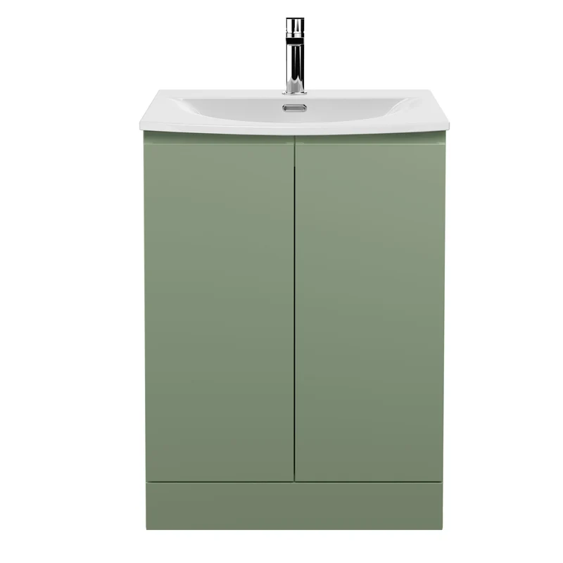Urban 600mm Floor Standing 2 Door Vanity Unit & Curved Ceramic Basin - Green Satin