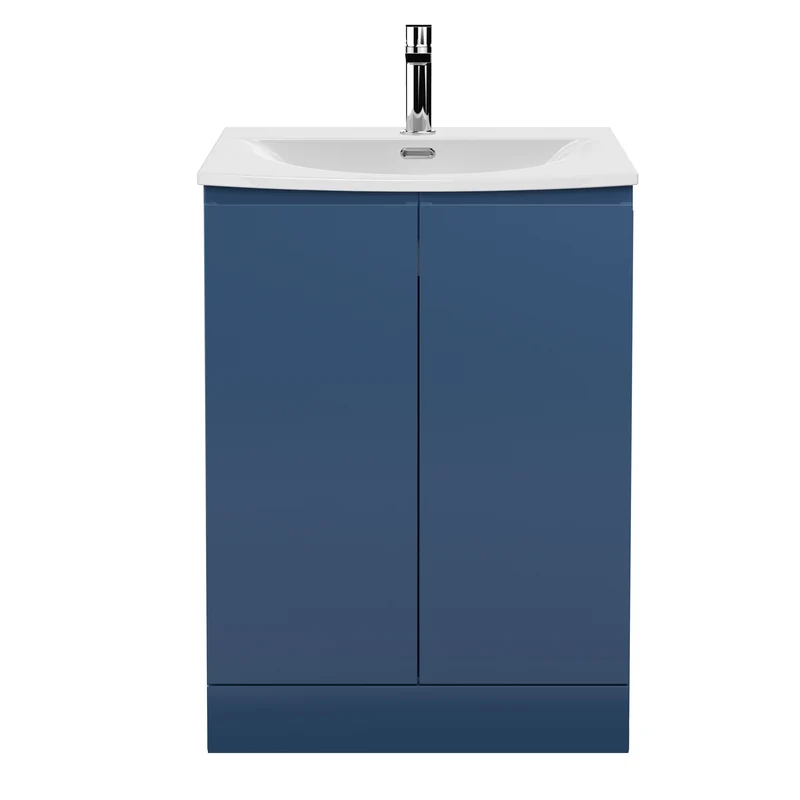 Urban 600mm Floor Standing 2 Door Vanity Unit & Curved Ceramic Basin - Blue Satin