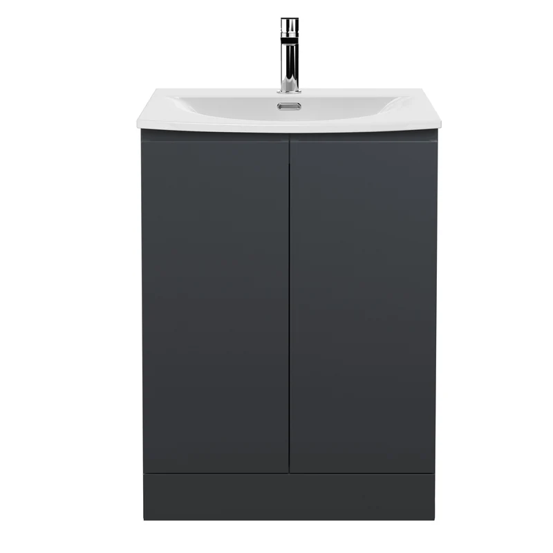 Urban 600mm Floor Standing 2 Door Vanity Unit & Curved Ceramic Basin - Soft Black Satin