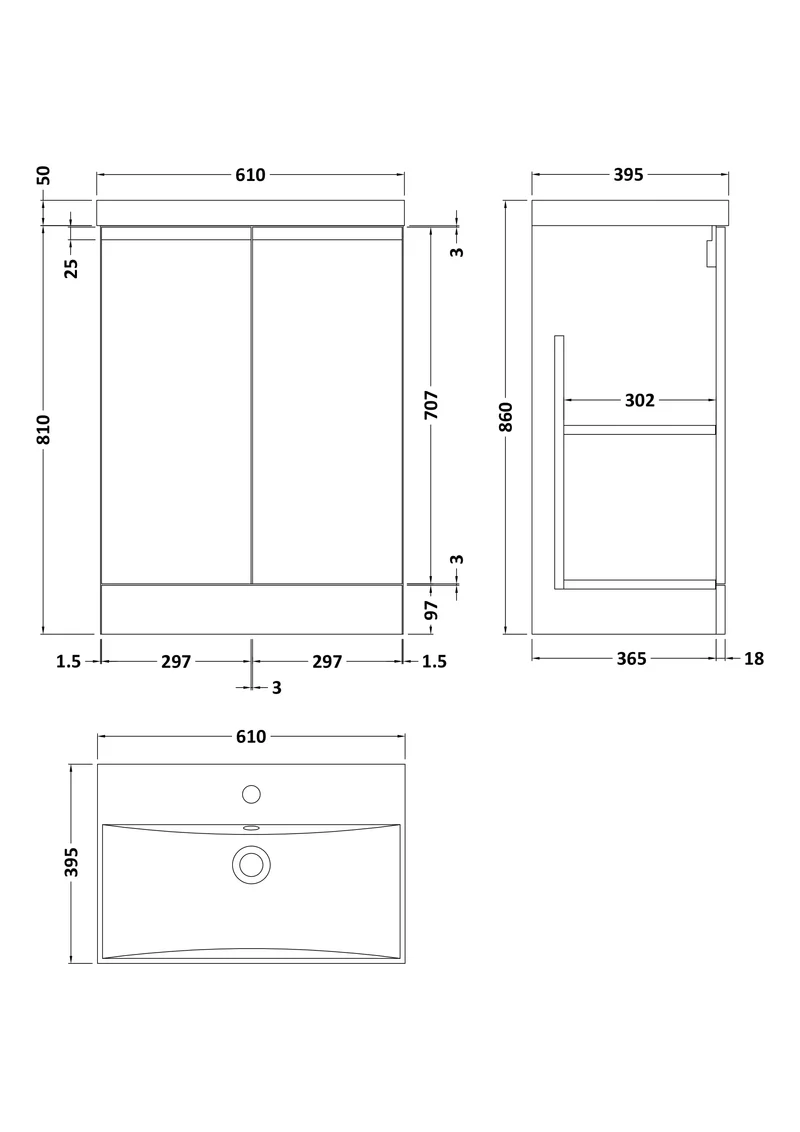 Urban 600mm Floor Standing 2 Door Vanity Unit & Thin Edge Ceramic Basin - Soft Black Satin