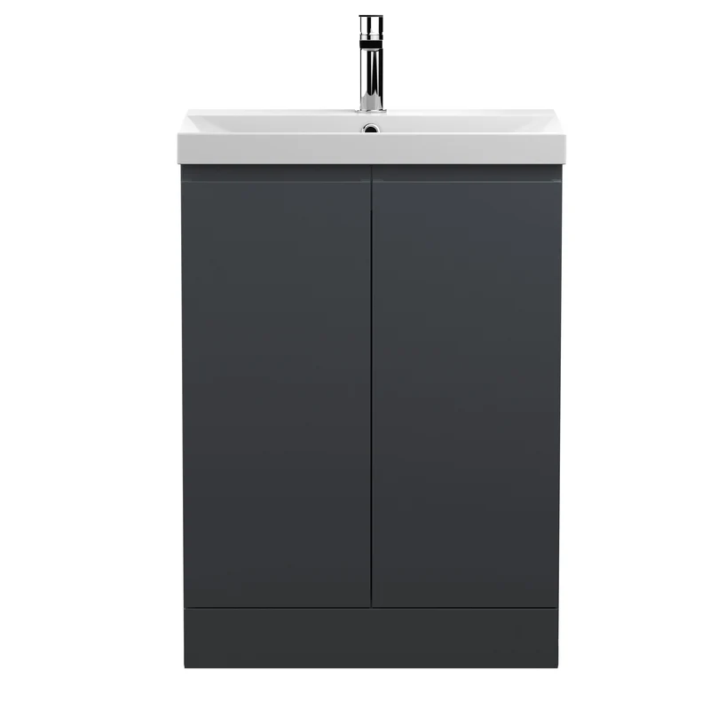 Urban 600mm Floor Standing 2 Door Vanity Unit & Thin Edge Ceramic Basin - Soft Black Satin