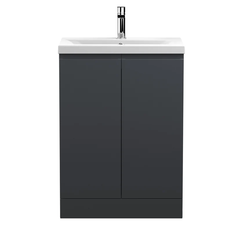 Urban 600mm Floor Standing 2 Door Vanity Unit & Mid Edge Ceramic Basin - Soft Black Satin