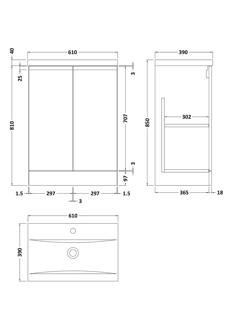 Urban 600mm Floor Standing 2 Door Vanity Unit & Mid Edge Ceramic Basin - Soft Black Satin