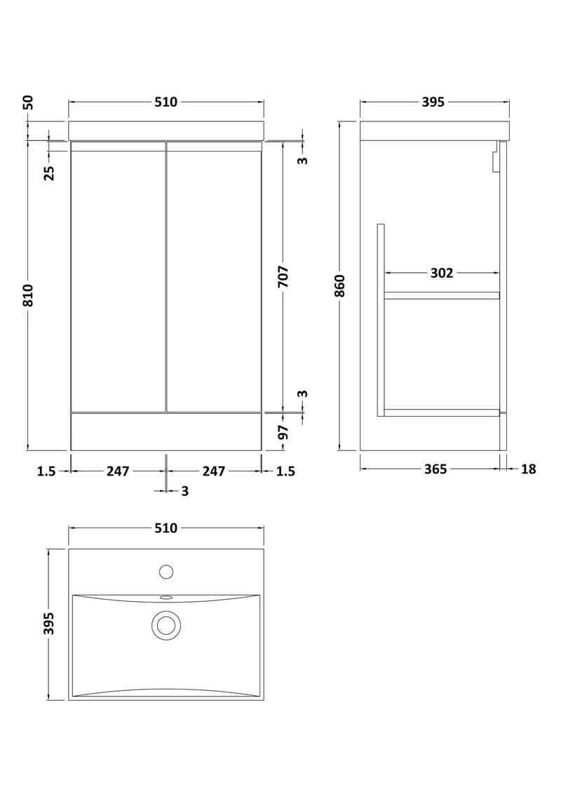 Urban 500mm Floor Standing 2 Door Vanity Unit & Thin Edge Ceramic Basin - Soft Black Satin