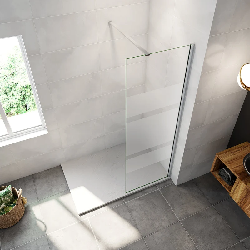 AICA paroi de douche à l'italienne 60-140x190cm en 6mm verre avec bandes horizontales sérigraphiées, livré avec barre de fixation 90cm