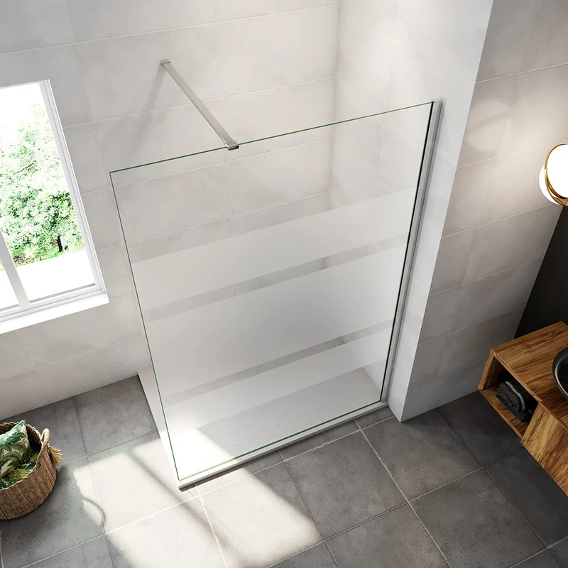 AICA paroi de douche à l'italienne 60-140x190cm en 6mm verre avec bandes horizontales sérigraphiées, livré avec barre de fixation 90cm
