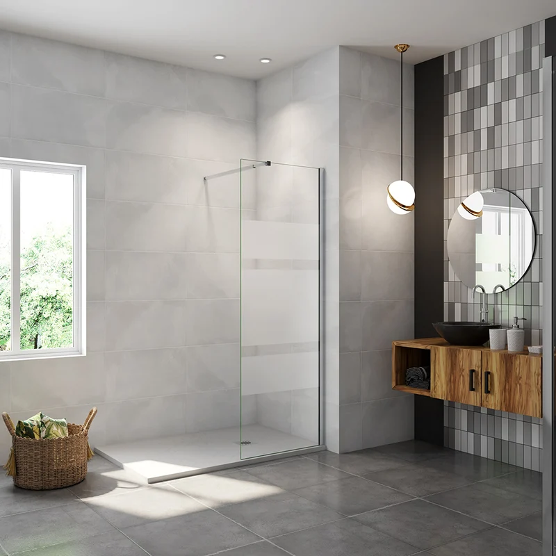 AICA paroi de douche à l'italienne 60-140x190cm en 6mm verre avec bandes horizontales sérigraphiées, livré avec barre de fixation extensible 73-120cm