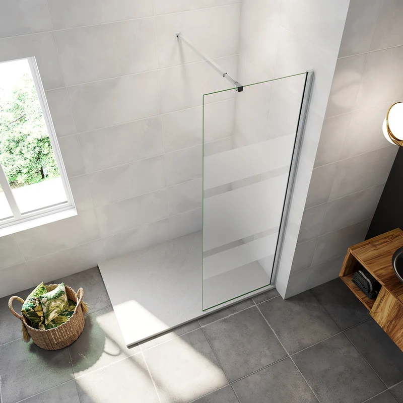 AICA paroi de douche à l'italienne 60-140x190cm en 6mm verre avec bandes horizontales sérigraphiées, livré avec barre de fixation extensible 73-120cm