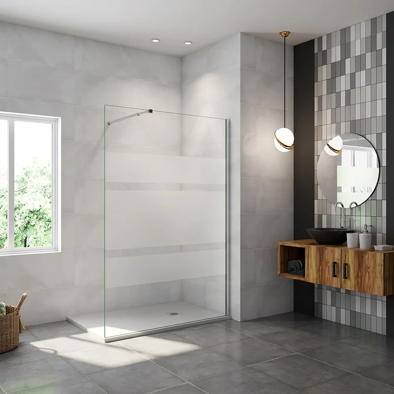 AICA paroi de douche à l'italienne 60-140x190cm en 6mm verre avec bandes horizontales sérigraphiées, livré avec barre de fixation extensible 73-120cm