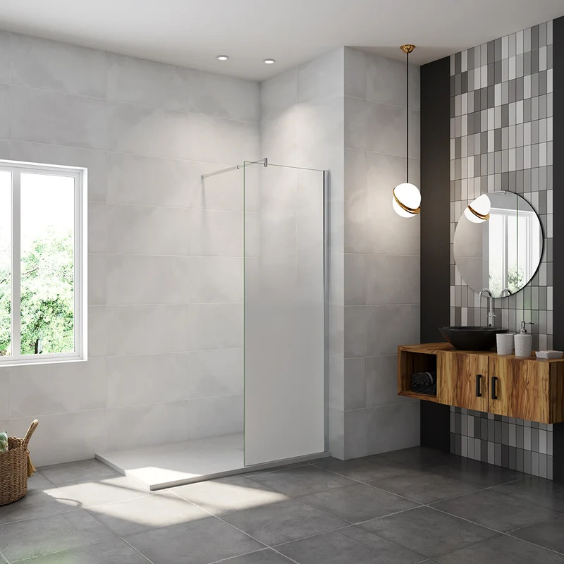 AICA paroi de douche à l'italienne 50-140x200cm Modèle Brume, avec barre de stabilisation extensible 70-120cm en cylindrique Paroi latérale fixe en 8mm verre de sécurité