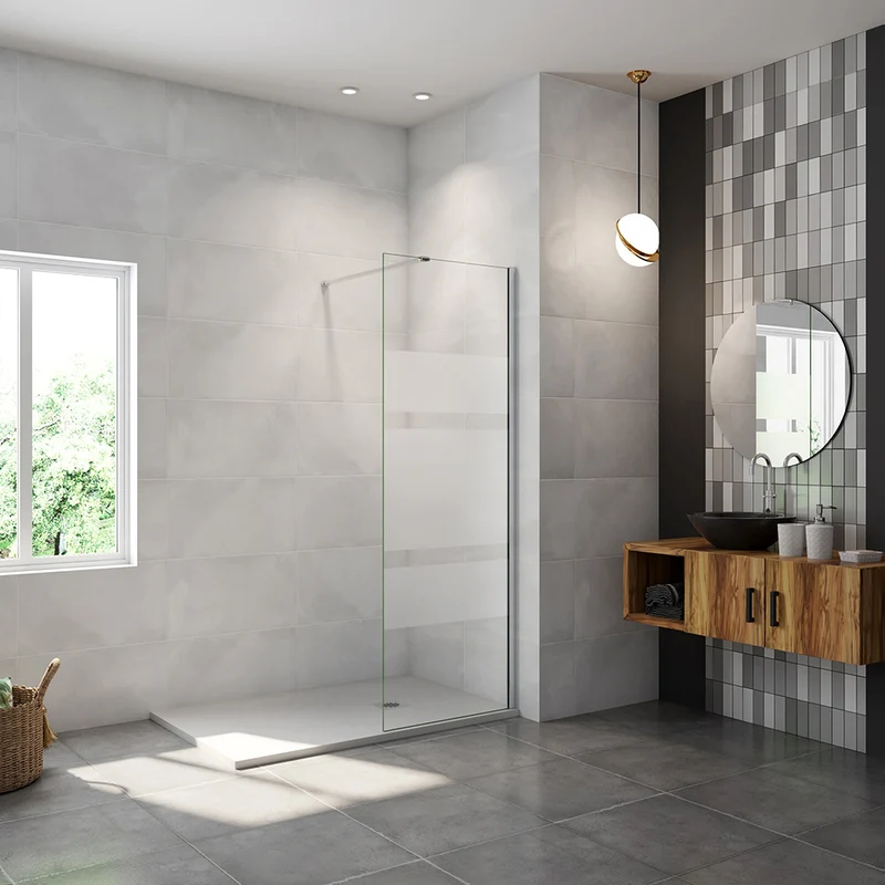 AICA paroi de douche à l'italienne 60-140x190cm en 6mm verre avec bandes horizontales sérigraphiées, livré avec barre de fixation 140cm