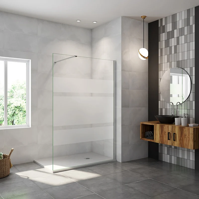 AICA paroi de douche à l'italienne 60-140x190cm en 6mm verre avec bandes horizontales sérigraphiées, livré avec barre de fixation 140cm