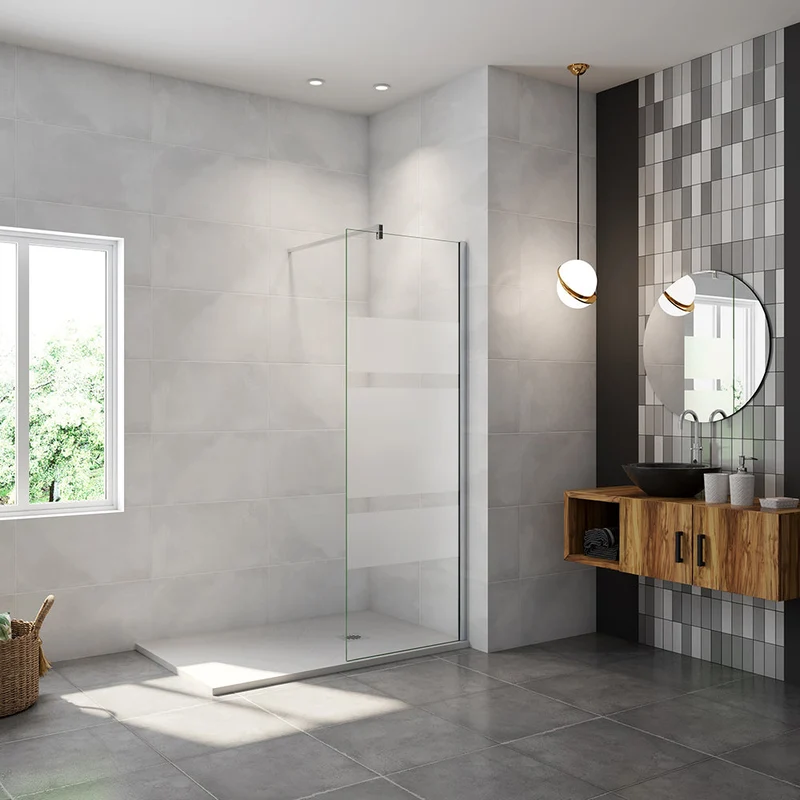 AICA paroi de douche à l'italienne 60-140x190cm en 6mm verre avec bandes horizontales sérigraphiées, livré avec barre de fixation 140cm en carré