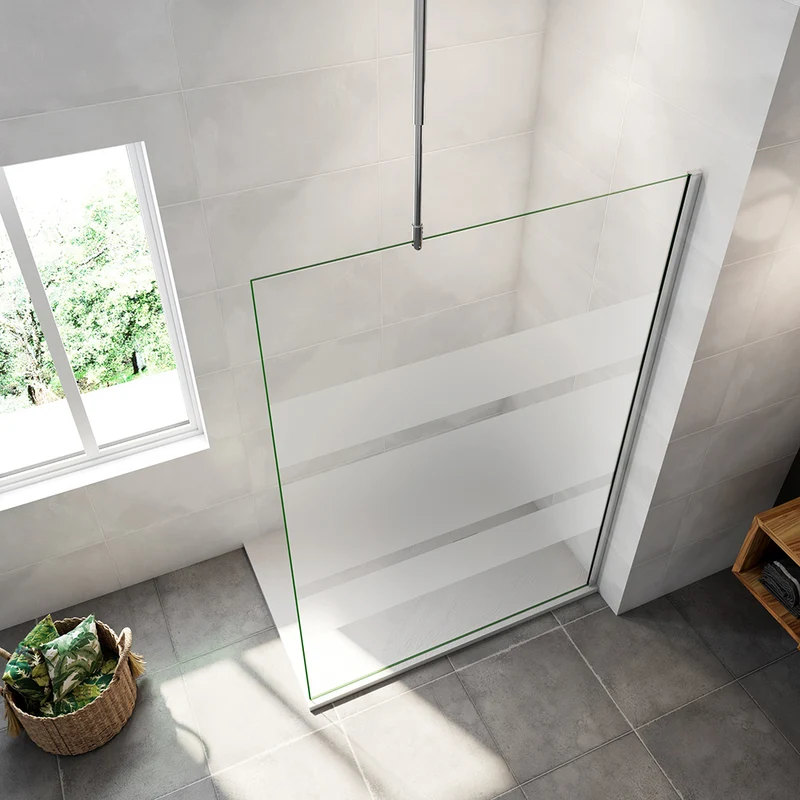 AICA paroi de douche à l'italienne 60-140x190cm en 6mm verre avec bandes horizontales sérigraphiées, livré avec barre de fixation au plafond 90-150cm