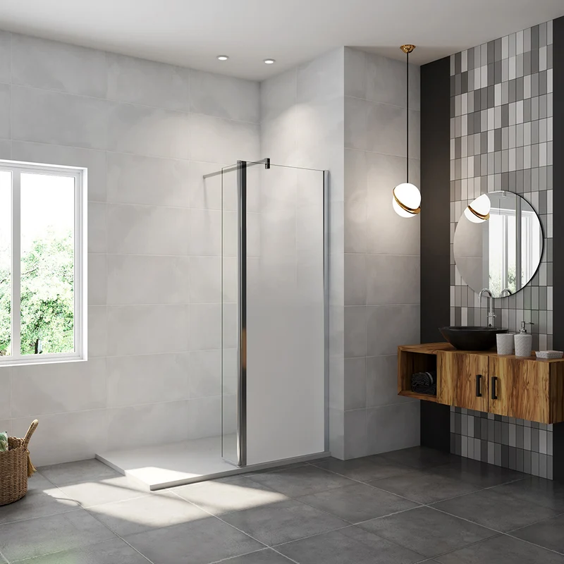 AICA paroi de douche à l'italienne 30-140x200cm Modèle Brume avec retour pivotant, paroi de douche en 8mm verre trempé avec barre de fixation 90cm en carré