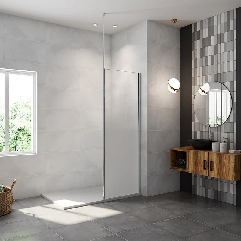 AICA paroi de douche à l'italienne 50-140x200cm Modèle Brume, avec barre de fixation au plafond 203-320cm Paroi latérale fixe en 8mm verre de sécurité