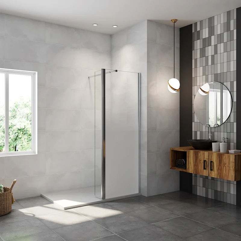 AICA paroi de douche à l'italienne 50-140x200cm Modèle Brume avec retour pivotant, paroi de douche en 8mm verre trempé avec barre de fixation 73-120cm en carré