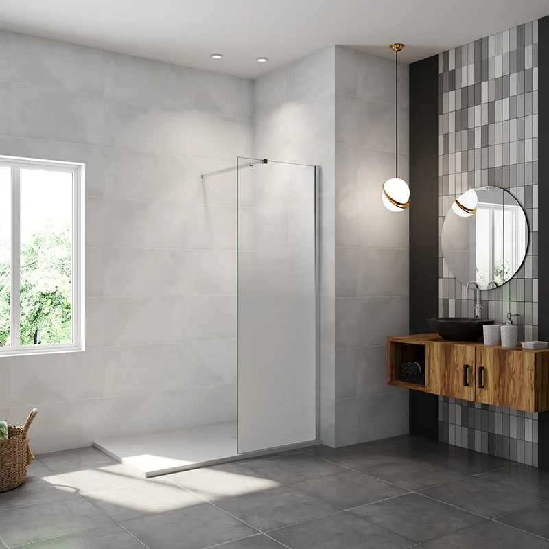 AICA paroi de douche à l'italienne 50-140x200cm Modèle Brume, avec barre de stabilisation 73-120cm en carré Paroi latérale fixe en 8mm verre de sécurité