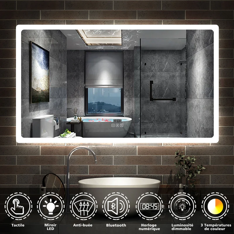 AICA Miroir de Salle de Bain LED avec Bluetooth+Horloge+3 Couleurs+Dimmable+Anti-buée, Miroir Mural Lumineux avec Interrupteur Tactile Étanche IP44 - 50/60/70/80/100/120/140/160cm
