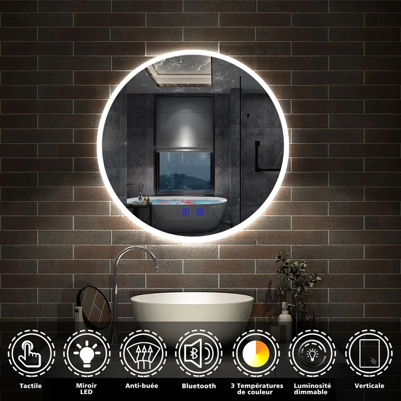 AICA Miroir de Salle de Bain rond LED 60/70/80cm avec Bluetooth + Anti-buée + 3 Couleurs + Dimmable, Mural Miroir Lumineux avec Interrupteur Tactile à capteur Miroir Rond