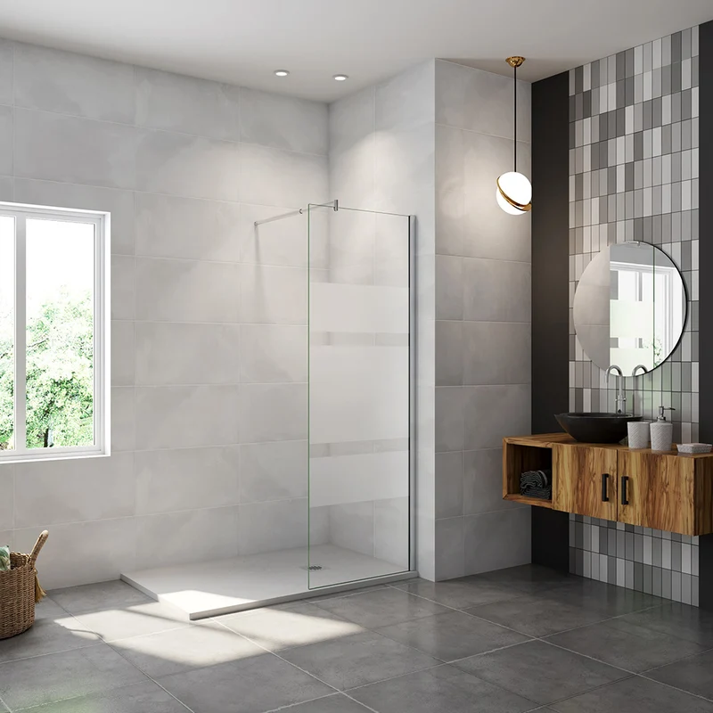 AICA paroi de douche à l'italienne 60-140x190cm en 6mm verre avec bandes horizontales sérigraphiées, livré avec barre de fixation extensible 70-120cm en cylindrique