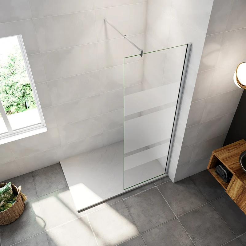 AICA paroi de douche à l'italienne 60-140x190cm en 6mm verre avec bandes horizontales sérigraphiées, livré avec barre de fixation extensible 70-120cm en cylindrique