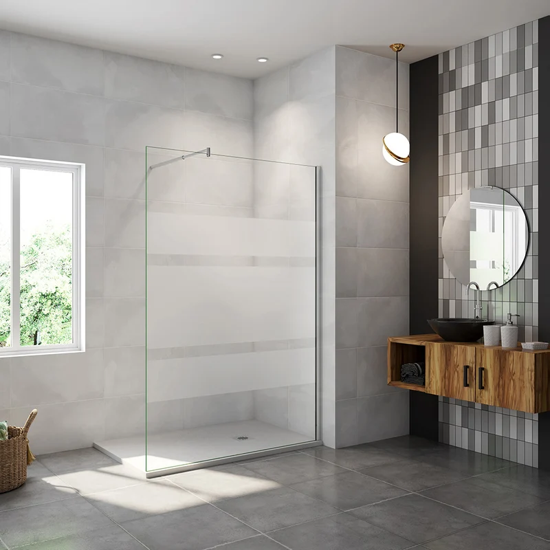 AICA paroi de douche à l'italienne 60-140x190cm en 6mm verre avec bandes horizontales sérigraphiées, livré avec barre de fixation extensible 70-120cm en cylindrique