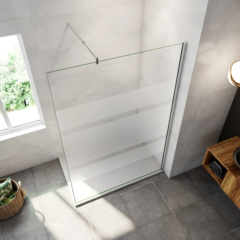 AICA paroi de douche à l'italienne 60-140x190cm en 6mm verre avec bandes horizontales sérigraphiées, livré avec barre de fixation extensible 70-120cm en cylindrique