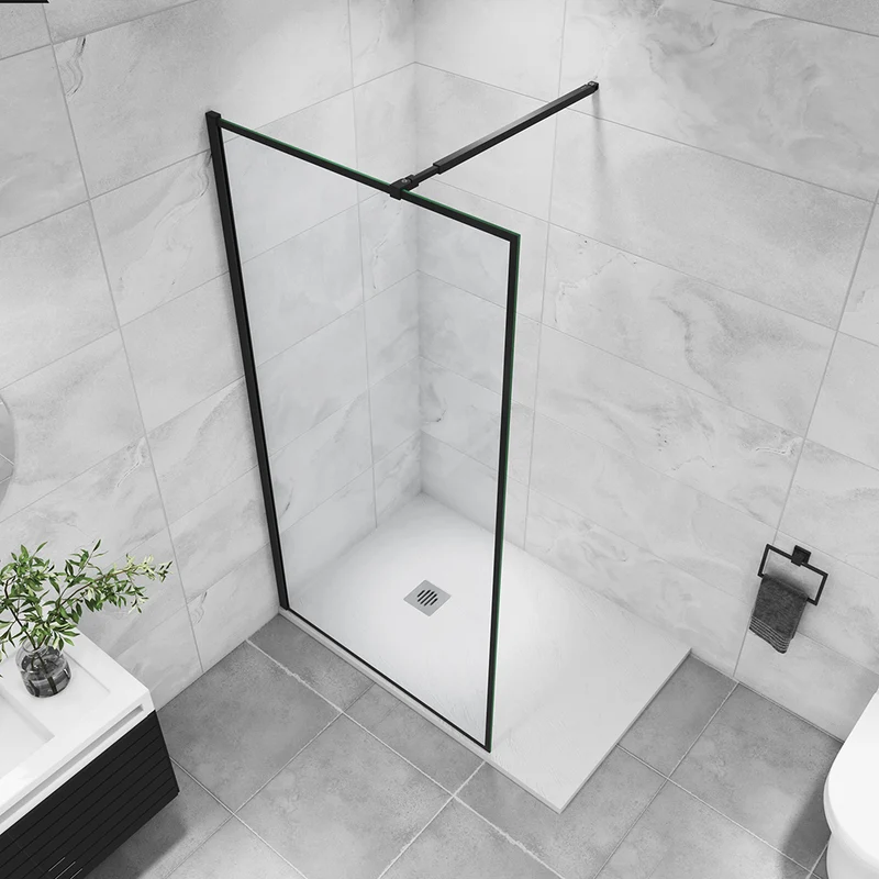 AICA paroi de douche noire 80-140x200cm paroi de douche à l'italienne en 8mm verre anticalcaire avec barre de fixation extensible 73-120cm en carré