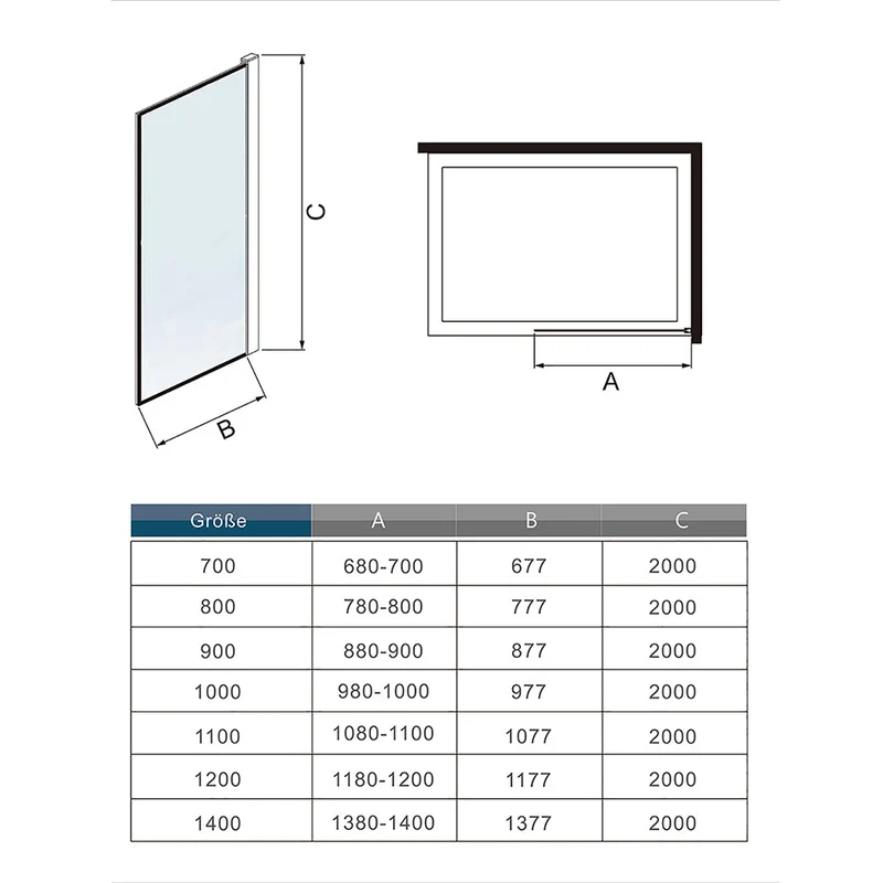 AICA paroi de douche noire 80-140x200cm paroi de douche à l'italienne en 8mm verre anticalcaire avec barre de fixation extensible 73-120cm en carré