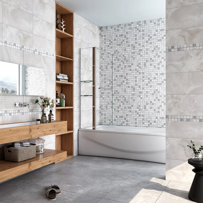 Pare-baignoire 100cm pivotant vers l'extérieur ou l'intérieur en verre trempé clair Hauteur 140cm écran de douche avec 2 étagères