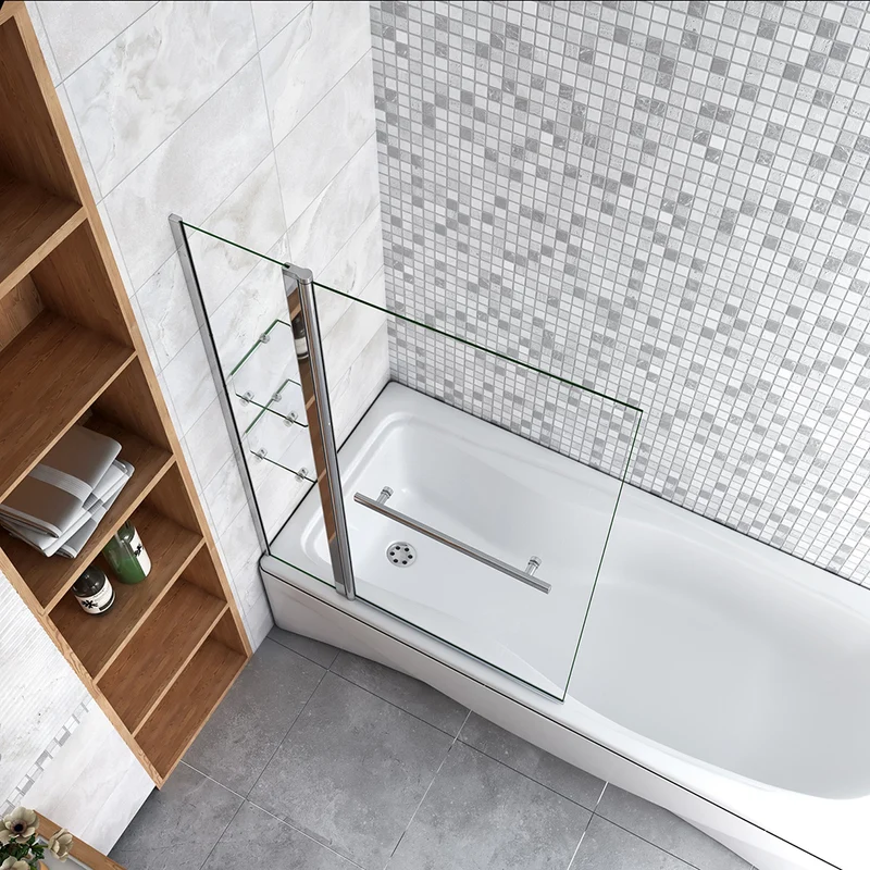 Pare-baignoire 100cm pivotant vers l'extérieur ou l'intérieur en verre trempé clair Hauteur 140cm écran de douche avec 2 étagères