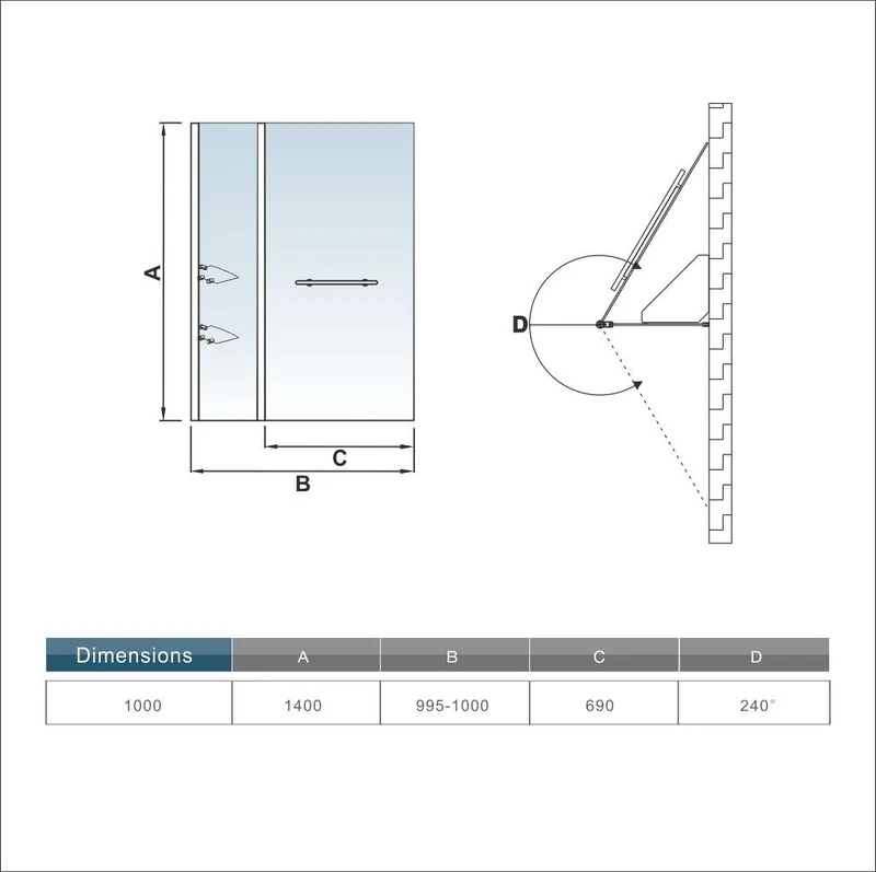 Pare-baignoire 100cm pivotant vers l'extérieur ou l'intérieur en verre trempé clair Hauteur 140cm écran de douche avec 2 étagères