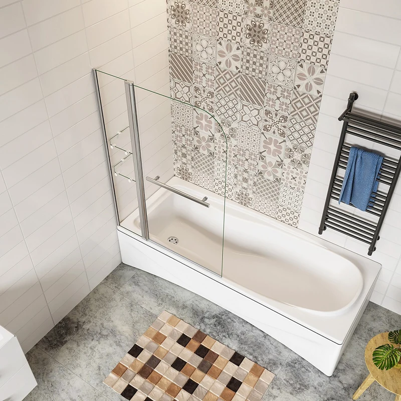 Pare-baignoire 100-120cm Hauteur 140cm paroi de baignoire pivotante à 180° en verre de sécurité écran de douche avec 2 étagères