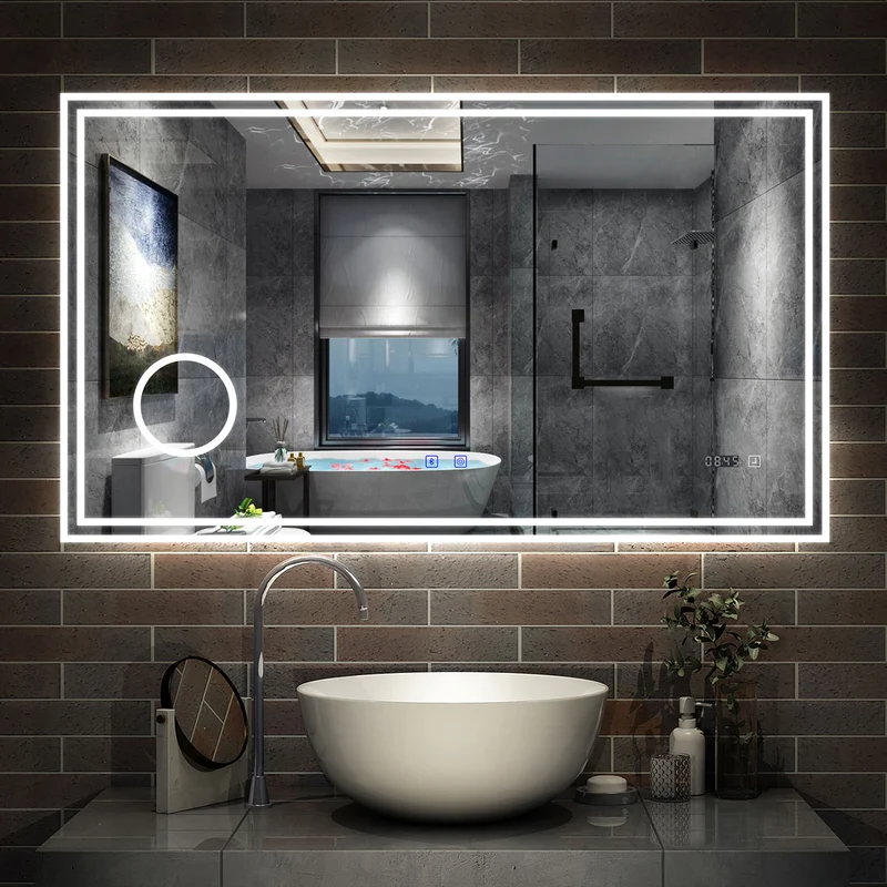 AICA Miroir de Salle de Bain LED avec Bluetooth 60/70/80/100/120/140/160cm, Mural Miroir avec Horloge + 3 Couleurs + Dimmable + Anti-buée + Grossissant 3x, Interrupteur Tactile Étanche IP44