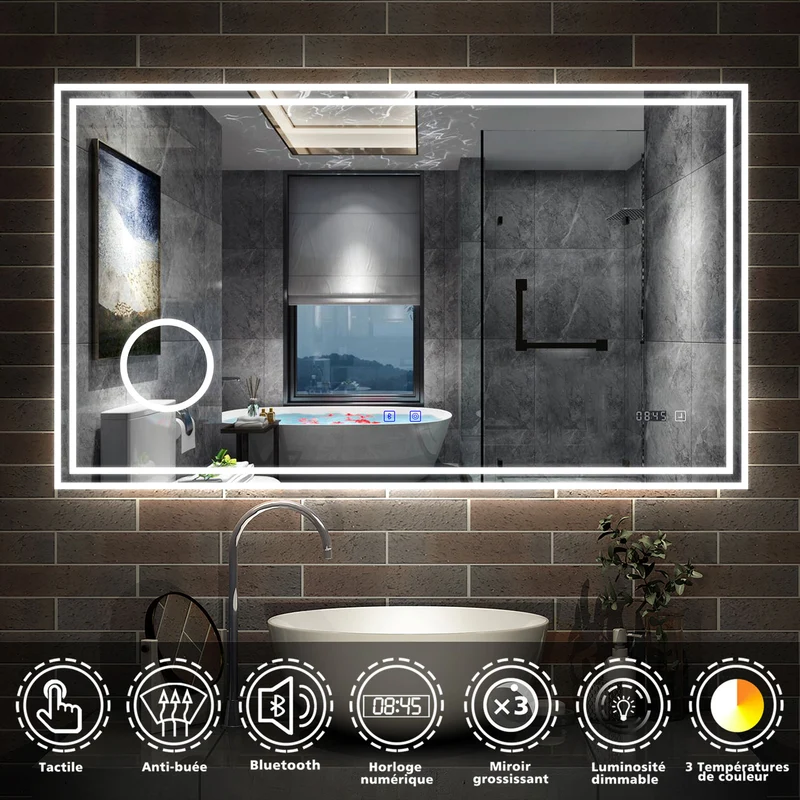 AICA Miroir de Salle de Bain LED avec Bluetooth 60/70/80/100/120/140/160cm, Mural Miroir avec Horloge + 3 Couleurs + Dimmable + Anti-buée + Grossissant 3x, Interrupteur Tactile Étanche IP44