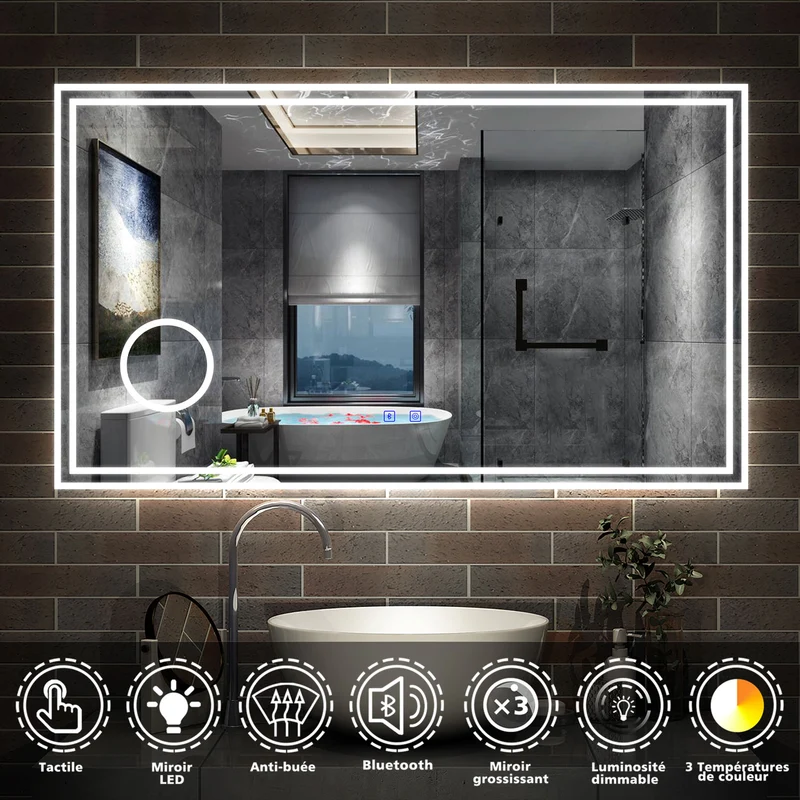 AICA Miroir de Salle de Bain LED avec Bluetooth, Miroir Lumineux avec 3 Couleurs et Fonction Anti-buée, Mural Miroir éclairé avec Interrupteur Tactile Étanche et grossissant 3x 60/70/80/100/120cm