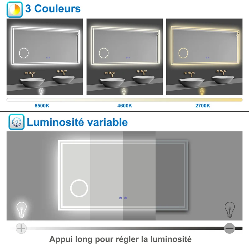 AICA Miroir de Salle de Bain LED avec Bluetooth, Miroir Lumineux avec 3 Couleurs et Fonction Anti-buée, Mural Miroir éclairé avec Interrupteur Tactile Étanche et grossissant 3x 60/70/80/100/120cm
