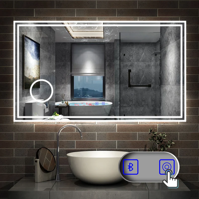 AICA Miroir de Salle de Bain LED avec Bluetooth, Miroir Lumineux avec 3 Couleurs et Fonction Anti-buée, Mural Miroir éclairé avec Interrupteur Tactile Étanche et grossissant 3x 60/70/80/100/120cm