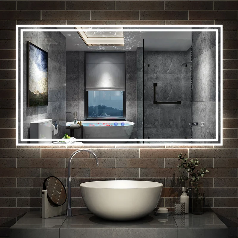 AICA Miroir de Salle de Bain LED avec Bluetooth+Horloge+3 Couleurs+Dimmable+Anti-buée, Miroir avec Interrupteur Tactile Étanche IP44, Éclairage à Intensité Variable 50/60/70/80/100/120/140/160cm