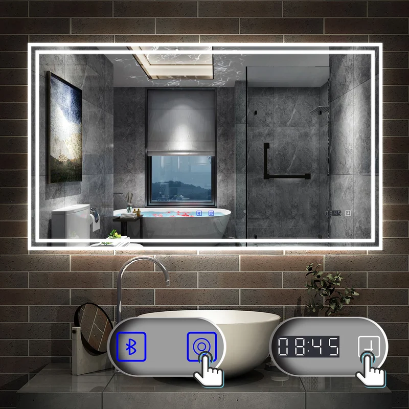AICA Miroir de Salle de Bain LED avec Bluetooth+Horloge+3 Couleurs+Dimmable+Anti-buée, Miroir avec Interrupteur Tactile Étanche IP44, Éclairage à Intensité Variable 50/60/70/80/100/120/140/160cm
