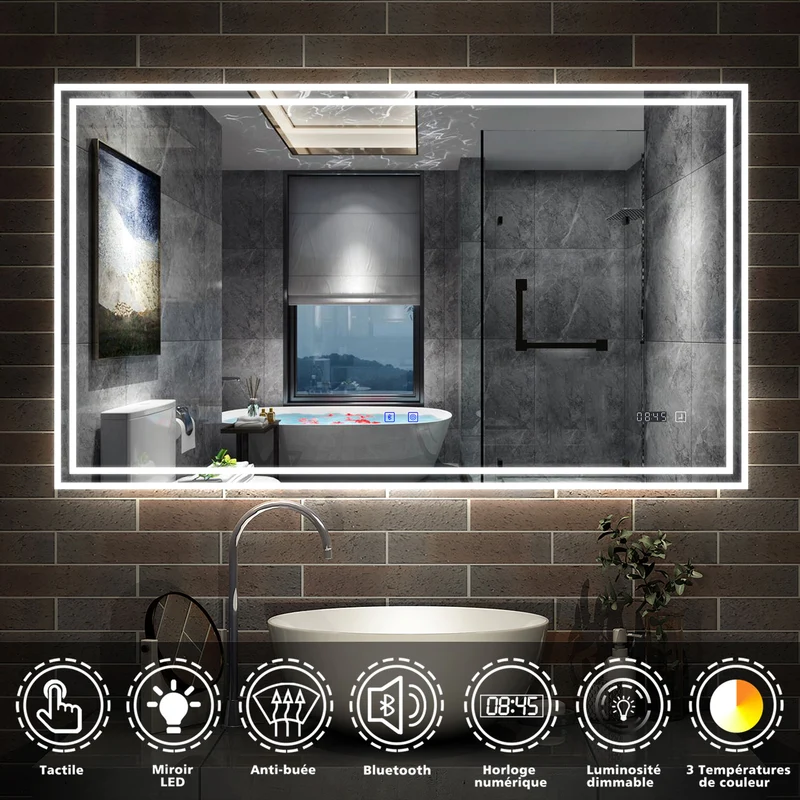 AICA Miroir de Salle de Bain LED avec Bluetooth+Horloge+3 Couleurs+Dimmable+Anti-buée, Miroir avec Interrupteur Tactile Étanche IP44, Éclairage à Intensité Variable 50/60/70/80/100/120/140/160cm