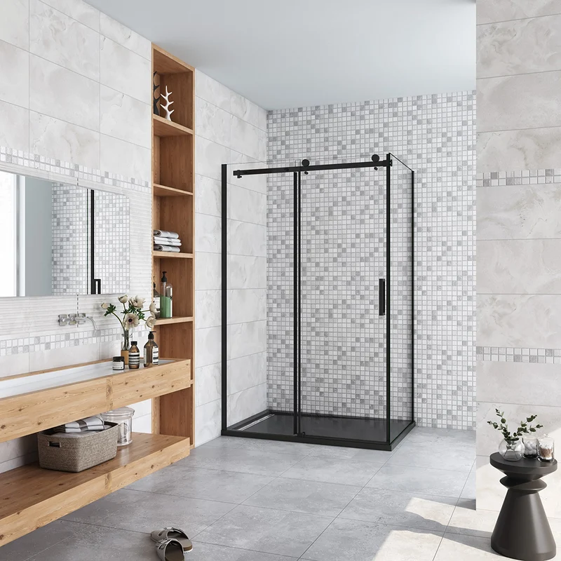 Aica cabine de douche coulissante porte de douche + paroi latérale Hauteur 200cm En 8mm verre anticalcaire profilé noir mat