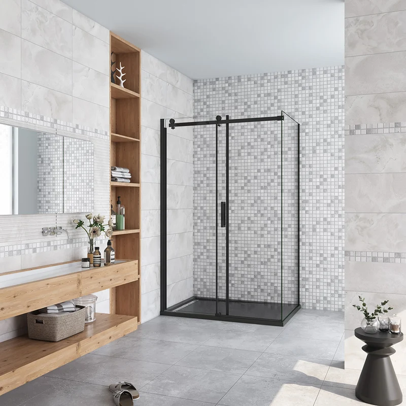 Aica cabine de douche coulissante porte de douche + paroi latérale Hauteur 200cm En 8mm verre anticalcaire profilé noir mat