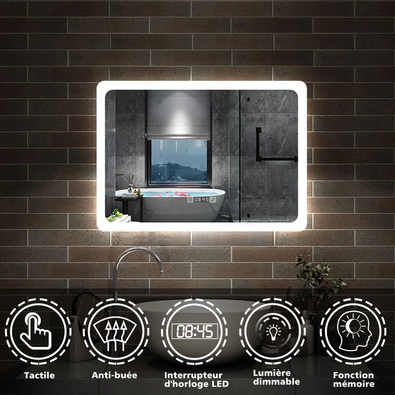 Miroir salle de bain horizontal avec couleur LED blanche + antibuée + Horloge numérique+ Fonction mémoire