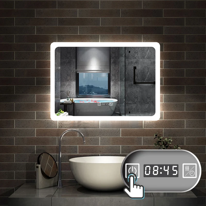 Miroir salle de bain horizontal avec couleur LED blanche + antibuée + Horloge numérique+ Fonction mémoire