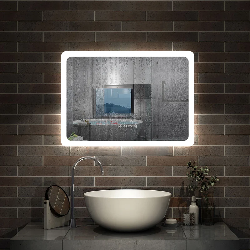 Miroir salle de bain horizontal avec couleur LED blanche + antibuée + Horloge numérique+ Fonction mémoire