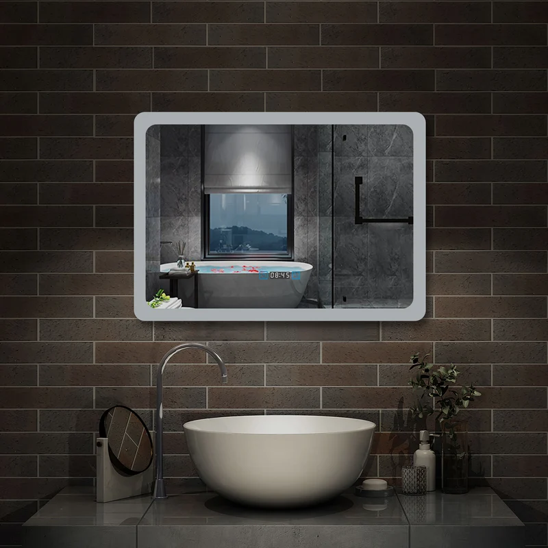 Miroir salle de bain horizontal avec couleur LED blanche + antibuée + Horloge numérique+ Fonction mémoire