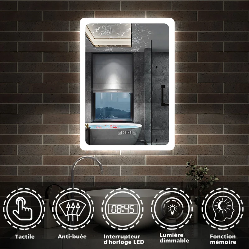 Miroir salle de bain vertical avec couleur LED blanche + antibuée + Horloge numérique + Fonction mémoire